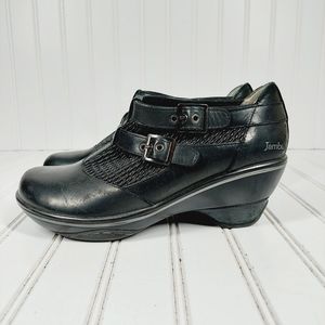 Jambu Sylvie 8 1/2 Black Leather Slip On Wedge Heel